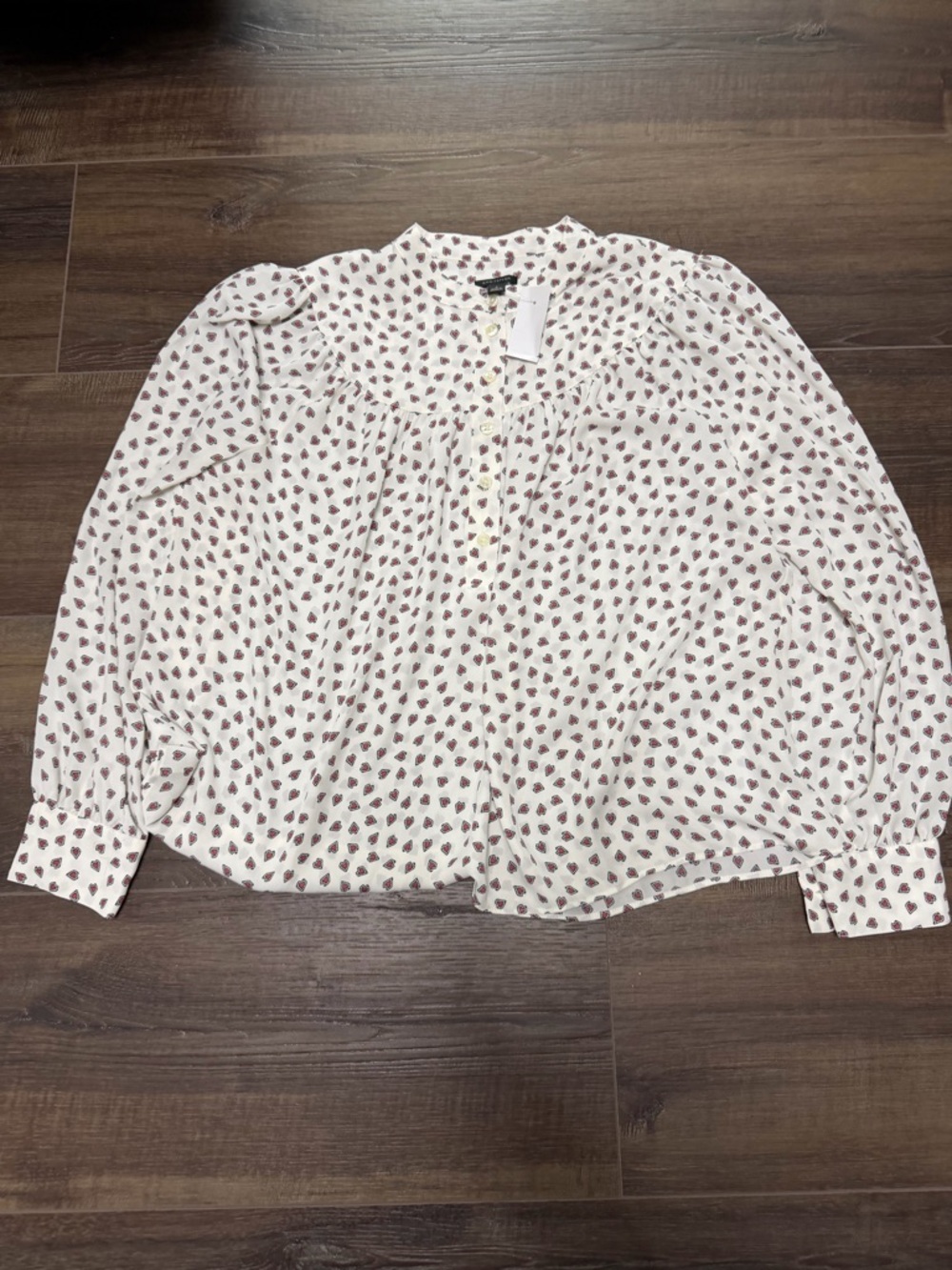 Ann Taylor Cream Button-Front Blouse with Pink-Brown heart Print